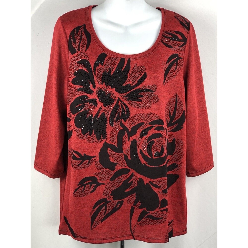 Onque Pullover Top MP Red/Blk Floral Roses 3/4 Sleeve Beads Whimsigoth Dk Fairy